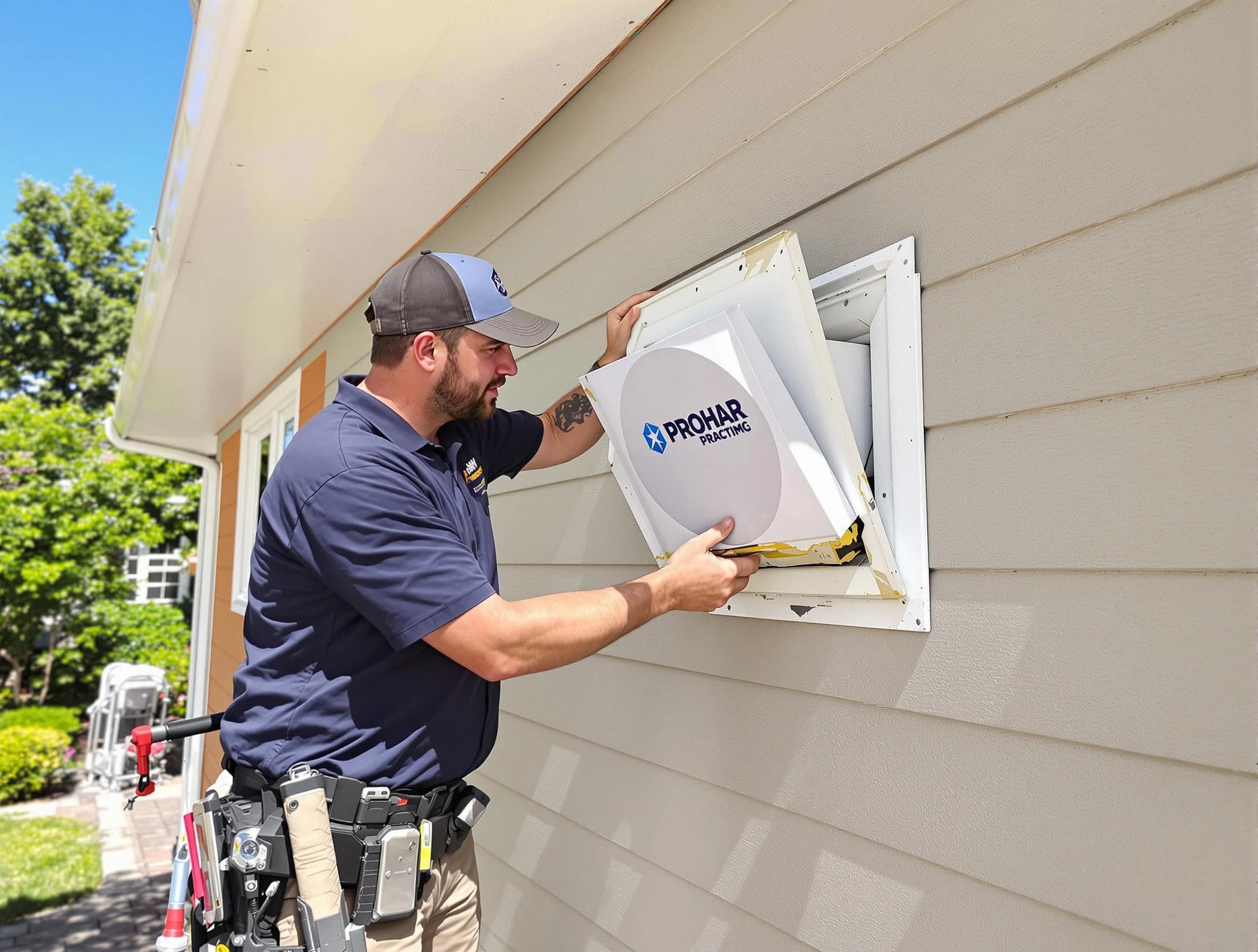 Jefferson Hills Dryer Vent Cleaning technician installing a new protective dryer vent cover on a home in Jefferson Hills