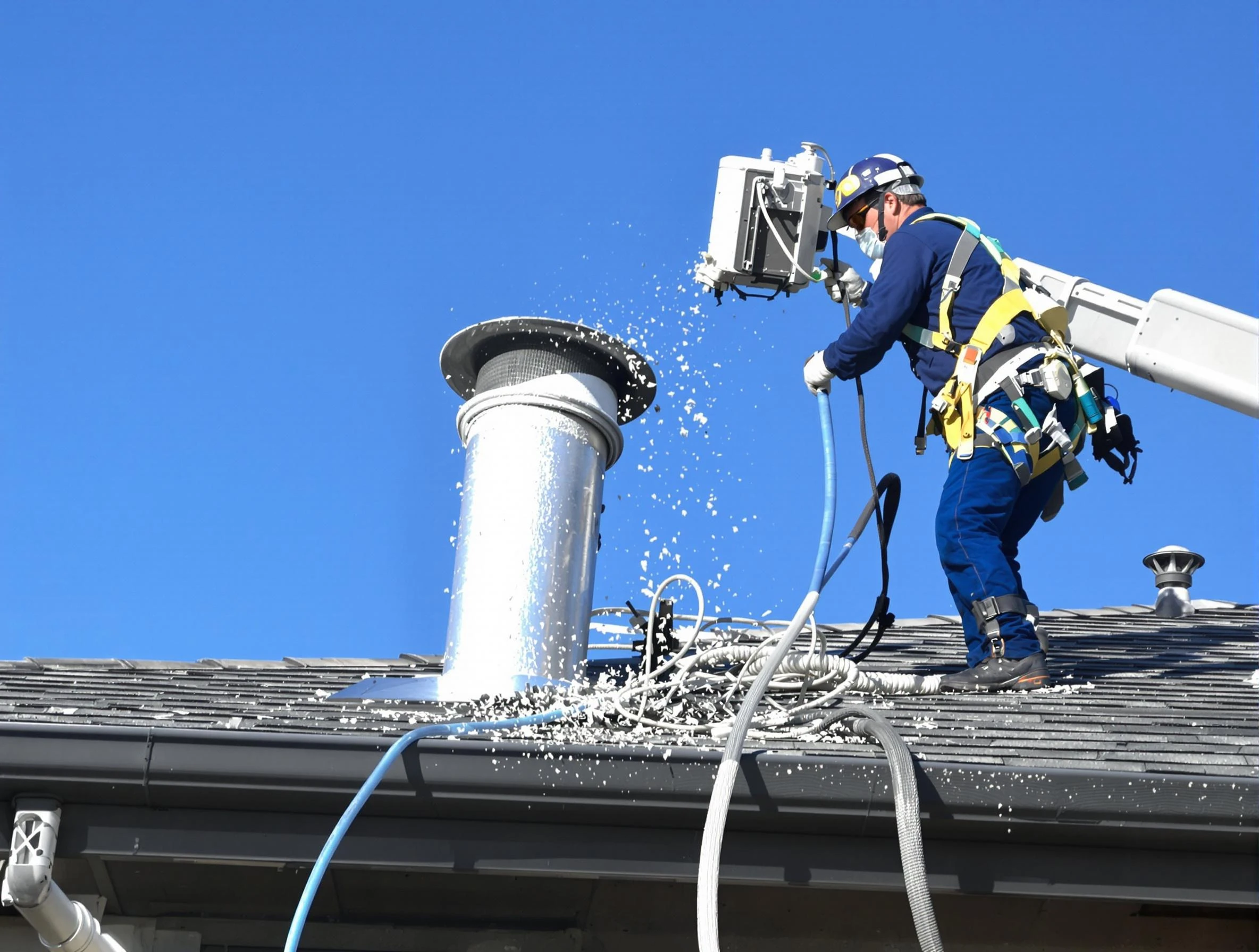 Jefferson Hills Dryer Vent Cleaning certified technician safely cleaning a roof-mounted dryer vent in Jefferson Hills